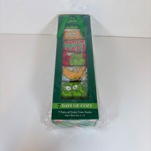 Dr Seuss The Grinch 7 Days of Cozy Men Crew Socks 7 Pair Gift Set Size 6-12 NIB